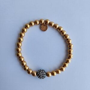 Rustic Cuff Gold Beaded Stretch Bracelet Black/Clear Gem Ball With Gold Logo Tag